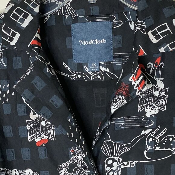 ModCloth Plus 1X Novelty Print Shirt Dress • Fit & Flare • Retro Black & Red - Picture 4 of 12